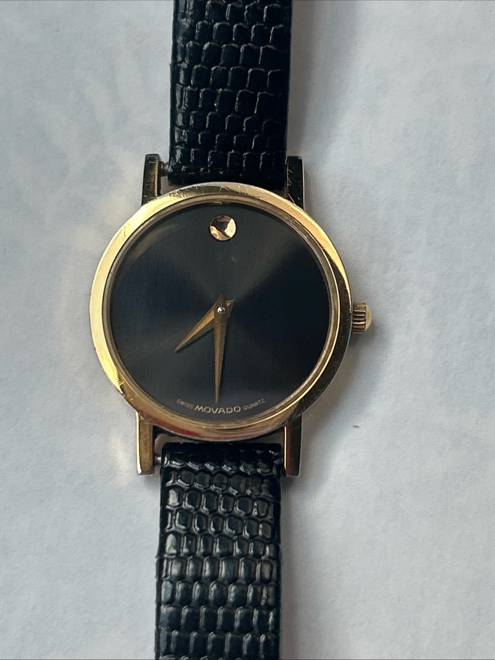 Movado VTG Black Women's Watch Leather Band EUC Battery Not Tested